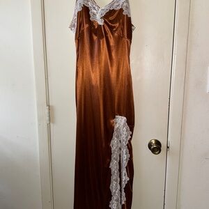 Elegant Brown Satin Nightgown with Lace Trim